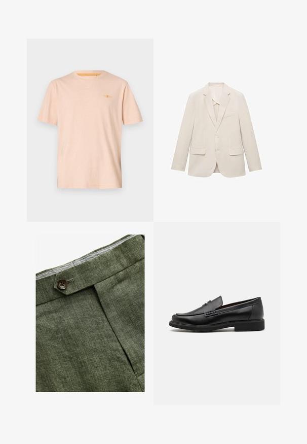 Helle beigefarbene Anzugjacke aus glattem Stoff, mit einem einreihigen Design, Reverskragen und zwei vorderen Taschen.; Pfirsichfarbenes T-Shirt aus weicher, strukturierter Baumwolle. Hat kurze Ärmel und ein kleines gelbes Printdesign auf der Brust.; Olivengrüne Leinenhose mit einem Bundfalten, ausgestattet mit einem Knopfverschluss und einem kontrastierenden karierten Futter am Bund.; Schwarze synthetische Slipper mit einer markanten gesteppten Vorderseite, gepolstertem Fußbett und flacher Gummisohle; schlankes Design mit minimaler Detailverarbeitung.