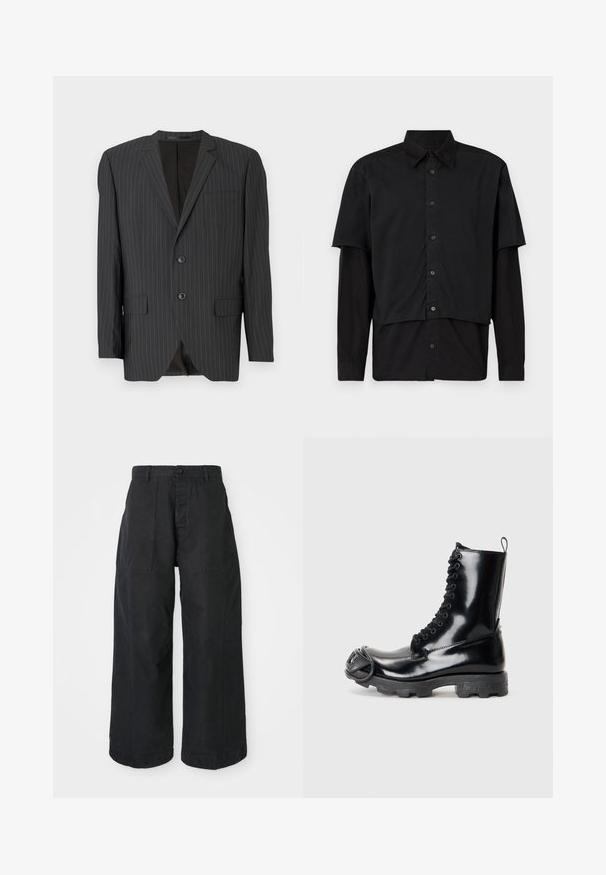 Blazer negro a rayas con cierre de dos botones, solapas de muesca, bolsillos laterales, bolsillo en el pecho y forro interior. Ajuste entallado.; Camisa negra de botón con mangas cortas y largas superpuestas. Confeccionada en algodón, presenta un cuello clásico y un sutil detalle de logo en el hombro.; Pantalones de pierna ancha negros hechos de material de lona con cierre de botón, que cuentan con dos bolsillos frontales y un ajuste relajado.; Botas de combate de charol negro con un acabado brillante, diseño con cordones, suela de goma gruesa y un distintivo detalle de hardware en la parte frontal.