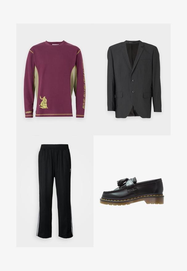 Schwarzer Blazer mit Nadelstreifen, zwei Knöpfen, Reverskragen, Seitentaschen, einer Brusttasche und gefüttertem Innenbereich. Taillierte Passform.; Langärmliges Shirt in Kastanienbraun mit gelben Akzenten, das einen grafischen Druck und seitliche Netzpaneele für Textur und Atmungsaktivität aufweist.; Schwarze Sporthosen mit elastischem Bund, ausgestattet mit weißen Seitenstreifen und einem kleinen Logo. Das Material wirkt weich und leicht.; Schwarze Lederloafer mit strukturiertem Finish, ausgestattet mit einer dekorativen Quaste und kontrastierenden gelben Nähten, auf einer klobigen, transparenten Sohle.