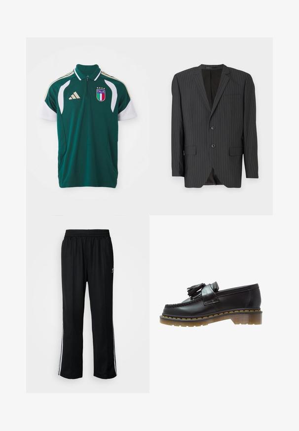 Fekete csíkos zakó, két gombos záródással, hozzáillő hajtókákkal, oldalsó zsebekkel, egy mellzsebbel és bélelt belső résszel. Testhezálló fazon.; Sötétzöld olasz futball poloing fehér ujjal, bézs Adidas logóval, olasz címerrel és rövid elől zippel.; Fekete sportnadrág rugalmas derékrésszel, fehér oldalsávokkal és egy kis logóval. Az anyaga lágy és könnyűnek tűnik.; Fekete bőr loaferek texturált felülettel, dekoratív bojtokkal és kontrasztos sárga varrással, tömzsi, átlátszó talpon.