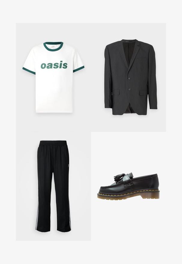 Černý sako s jemným proužkem, dvouřadým zapínáním, klopovými límci, bočními kapsami, jednou náprsní kapsou a podšívkou. Přizpůsobený střih.; Bílá bavlněná tričko s zeleným žebrovaným límečkem a akcenty na rukávech. Na přední straně má výrazný zelený text, který píše "oasis".; Černé sportovní kalhoty s elastickým pasem, s bílými bočními pruhy a malým logem. Materiál vypadá měkce a lehce.; Černé kožené mokasíny s texturovaným povrchem, zdobené dekorativním třásněm a kontrastním žlutým prošíváním, na robustní průhledné podrážce.