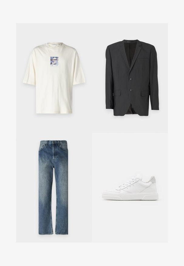 Čierny blazer s prúžkami, s dvojitým gombíkom, klopami, bočnými vreckami, jedným prsným vreckom a podšívkou. Prispôsobený strih.; Krátky rukáv krémového trička vyrobeného z bavlny, v strede s námestím grafického zobrazenia ulice z New Yorku. Štandardný dizajn s okrúhlym výstrihom.; Modré denimové rifle so strihom rovného nohavice, s vyblednutým umývaním, pútkami na opasok, prednými vreckami a jedným zadným vreckom.; Biele kožené tenisky s hladkým povrchom, zaoblenou špičkou, plochými šnúrkami a textúrovanou podrážkou. Sivý semišový akcent na päte.