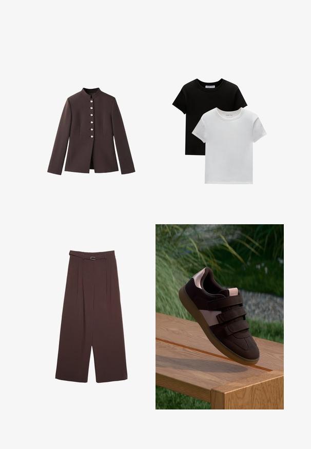 Dunkelbraune Jacke mit hohem Kragen, ausgestattet mit einer sechsknöpfigen Frontleiste mit perlenartigen Akzenten und langen Ärmeln. Taillierte Passform.; Zwei T-Shirts mit Rundhalsausschnitt in Schwarz und Weiß, aus Baumwolle. Sie haben kurze Ärmel und einfarbiges Design ohne Muster oder Akzente.; Stradivarius WIDE-LEG WITH BUCKLE DETAIL - Stoffhose - dark brown; Braune Wildledersneaker mit einem pinken Akzentstreifen, ausgestattet mit drei Klettverschlüssen und einer strukturierten Gummisohle, auf einer Holzoberfläche platziert.