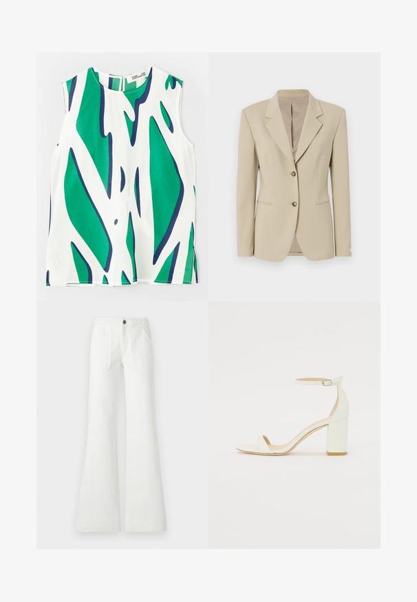 Beige sako se strukturovaným designem, jednostranným zapínáním, ostrými klopami, dvěma knoflíky a slabou texturou. Obsahuje upravený pas a kapsy.; Top bez rukávů z lehkého materiálu, s odvážným zeleno-námornickým abstraktním vzorem na bílém pozadí. Kulatý výstřih s klíčovou dírou na zádech.; Bílé kalhoty s rozšířenými nohavicemi vyrobené z tkané látky, s pleteným pasem, dvěma předními kapsami a hladkou texturou. Zapínání na černý knoflík.; Bílé kožené sandály na blokovém podpatku s ankle strapem a přezkou, minimalistický design. Otevřená špička a hladké textura po celém povrchu.