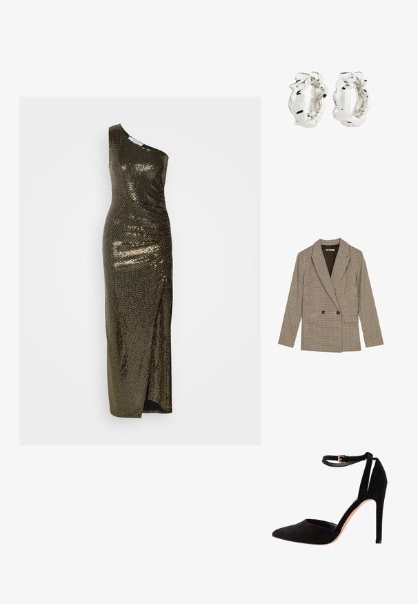 Blazer cruzado en un patrón de cuadros marrón y negro, con solapas de muesca, bolsillos laterales y una tela ligeramente texturada.; Vestido metálico dorado de un solo hombro con una silueta ajustada, texturizado con pequeños brillantes, que presenta una abertura lateral y un diseño elegante.; Zapatos de tacón alto de ante negro con punta afilada, correa en el tobillo y tacón de aguja. El diseño presenta una textura suave con un detalle mínimo.; Pendientes de aro de plata con un diseño texturizado e irregular. La superficie es reflectante, mostrando curvas y contornos. El espacio interior es hueco.