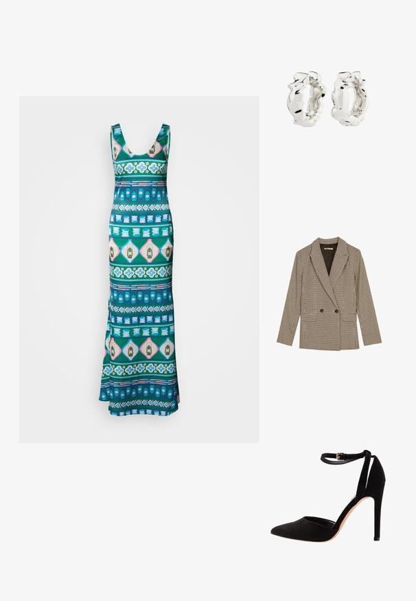 Dvojřadý blazer s hnědo-černým kostkovaným vzorem, vyznačující se klopami, bočními kapsami a mírně texturovanou tkaninou.; Maxi šaty vyrobené z hladké tkaniny, které mají různorodý geometrický vzor v modré, zelené, růžové a bílé barvě. Zajímavosti zahrnují květinové a lampionové motivy.; Černé semišové lodičky na vysokém podpatku s špičatou špičkou, kotníkovým páskem a jehlovým podpatkem. Design se vyznačuje hladkou texturou s minimem detailů.; Stříbrné kruhové náušnice s texturovaným, nepravidelným designem. Povrch je lesklý a ukazuje křivky a kontury. Vnitřní prostor je dutý.