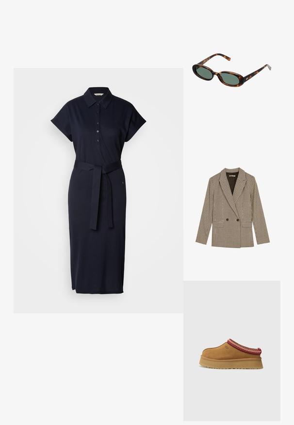 Dvigubo užsegimo švarkas rudos ir juodos languotos raštą, su išpjautomis apykaklėmis, šoninėmis kišenėmis ir šiek tiek tekstūruotu audiniu.; Kremo spalvos megztinis iš minkštos medžiagos su apvaliu iškirpimu. Papuoštas juodomis siuvinėtomis raidėmis: "Sporto ir laisvalaikio klubas" bei logotipu. Twilio rankovės.; Tamsiai mėlynas polo suknelė, pagaminta iš medvilnės mišinio, su trumpomis rankovėmis, apykakle, priekiniais mygtukais ir derančia juosta juosmens vietoje.; Rudos zomšos paslydimo bateliai su raudona ir kreminėmis raštuotomis juostelėmis, tekstūruotu padu ir UGG logotipu šone. Atskiria šiek tiek padidinta platforma.; Žvyneliai akiniai su ovaliais rėmeliais ir žaliais objektyvais. Siūlo plonas šakes su metaliniu akcentu prie vyrų.