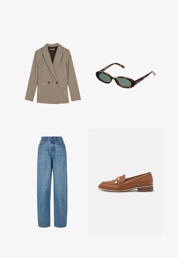 Blazer croisé en motif carreaux marron et noir, avec des revers crantés, des poches latérales et un tissu légèrement texturé.; Pull en couleur crème en tissu doux avec un col rond. Comprend un texte brodé noir : "Club de Sport et de Loisirs" et un logo. Poignets côtelés.; Jean en denim bleu clair avec une coupe droite, doté d'une fermeture à bouton, de cinq poches et d'un léger délavage sur l'ensemble du tissu.; Mocassin en cuir marron avec un accent en chaîne dorée et un détail en perles. Présente une forme arrondie et un petit talon carré. Texture lisse et design épuré.; Lunettes de soleil en écaille de tortue avec des montures ovales et des verres verts. Elles présentent des branches fines avec un accent métallique près des charnières.