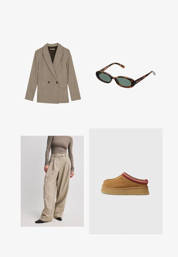 Blazer doppiopetto in tessuto a scacchi marrone e nero, con rever a punta, tasche laterali e un tessuto leggermente texturizzato.; Maglione color crema in morbido tessuto con scollo rotondo. Presenta testo ricamato in nero: "Sports & Leisure Club" e un logo. Polsini a coste.; NA-KD Pantaloni - beige; Scarpa slip-on in suede marrone con bordi a motivo rosso e crema, suola testurizzata e logo UGG di lato. Presenta un leggero rialzo della suola.; Occhiali da sole tartarugati con montatura ovale e lenti verdi. Presentano aste sottili con un accento metallico vicino alle cerniere.