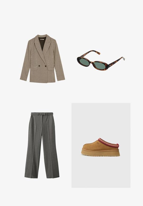 Doppelt komfortabler Blazer im braun-schwarz karierten Muster mit geknöpften Revers, Seitentaschen und einem leicht strukturierten Stoff.; Cremfarbener Pullover aus weichem Stoff mit rundem Halsausschnitt. Verziert mit schwarzem, gesticktem Text: "Sports & Leisure Club" und einem Logo. Gerippte Bündchen.; Graue, weite Hosen aus strukturiertem Stoff. Enthält einen Gürtel mit einer rechteckigen Schnalle und zwei seitlichen Taschen. Taillierte Passform.; Braune Wildleder-Slipper mit rot-creamfarbenem gemusterten Besatz, strukturiertem Absatz und UGG-Logo an der Seite. Verfügt über eine leichte Plattformhöhe.; Schildpatt-Sonnenbrille mit ovalen Rahmen und grünen Gläsern. Verfügt über dünne Bügel mit einem metallischen Akzent in der Nähe der Scharniere.