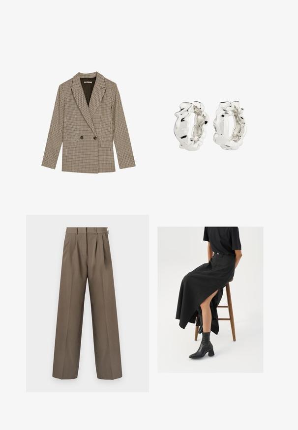 Double-breasted blazer in brown and black checked pattern, featuring notched lapels, side pockets, and a slightly textured fabric.; Light pink knit sweater with a round neckline, raglan sleeves, and ribbed cuffs. The texture is soft with a relaxed fit and minimal detailing.; Brown tailored trousers with a wide-leg design, pleats, and a smooth texture. Features a fitted waistband and belt loops.; Black linen maxi skirt with a high slit, worn with a black t-shirt and black ankle boots. Minimalistic design with a relaxed fit.; Silver hoop earrings with a textured, irregular design. The surface is reflective, showcasing curves and contours. Inner space is hollow.
