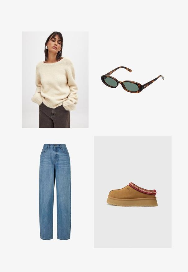 Dvigubo užsegimo švarkas rudos ir juodos languotos raštą, su išpjautomis apykaklėmis, šoninėmis kišenėmis ir šiek tiek tekstūruotu audiniu.; Bežinis, megztas svarkas su plačia apykakle ir nertais raišteliais, derinamas su tamsiai rudos spalvos kelnėmis. Matomas minkštas, tekstūruotas audinys.; Šviesiai mėlynos džinsinės kelnes su tiesiais džinsais, turinčios mygtuko uždarymą, penkis kišenes ir subtilų išblukimą visame audinyje.; Rudos zomšos paslydimo bateliai su raudona ir kreminėmis raštuotomis juostelėmis, tekstūruotu padu ir UGG logotipu šone. Atskiria šiek tiek padidinta platforma.; Žvyneliai akiniai su ovaliais rėmeliais ir žaliais objektyvais. Siūlo plonas šakes su metaliniu akcentu prie vyrų.