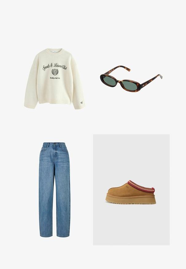 Doppelt komfortabler Blazer im braun-schwarz karierten Muster mit geknöpften Revers, Seitentaschen und einem leicht strukturierten Stoff.; Cremfarbener Pullover aus weichem Stoff mit rundem Halsausschnitt. Verziert mit schwarzem, gesticktem Text: "Sports & Leisure Club" und einem Logo. Gerippte Bündchen.; Hellblaue Jeans aus Denim mit geradem Schnitt, ausgestattet mit einem Knopfverschluss, fünf Taschen und subtilen Ausbleichungen im gesamten Stoff.; Braune Wildleder-Slipper mit rot-creamfarbenem gemusterten Besatz, strukturiertem Absatz und UGG-Logo an der Seite. Verfügt über eine leichte Plattformhöhe.; Schildpatt-Sonnenbrille mit ovalen Rahmen und grünen Gläsern. Verfügt über dünne Bügel mit einem metallischen Akzent in der Nähe der Scharniere.