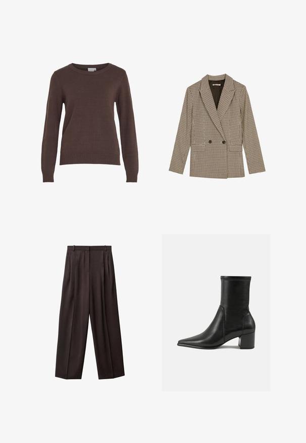 Dvoredni blejzer v rjavi in črni karirani vzorec, z oživljenimi reverji, stranskimi žepi in rahlo teksturirano tkanino.; VILA VIRIL O-NECK - Pulover - coffee bean; Hlače s širokimi hlačnicami iz temno rjave tkanine. Značilnosti vključujejo nabore spredaj, pas z zankami za pas in stranske žepe. Gladka tekstura.; Črne gležnjarje iz gladkega usnja, z izostrenim nosom, blokastim peto in izrazitim povišanim šivom na zgornjem robu.