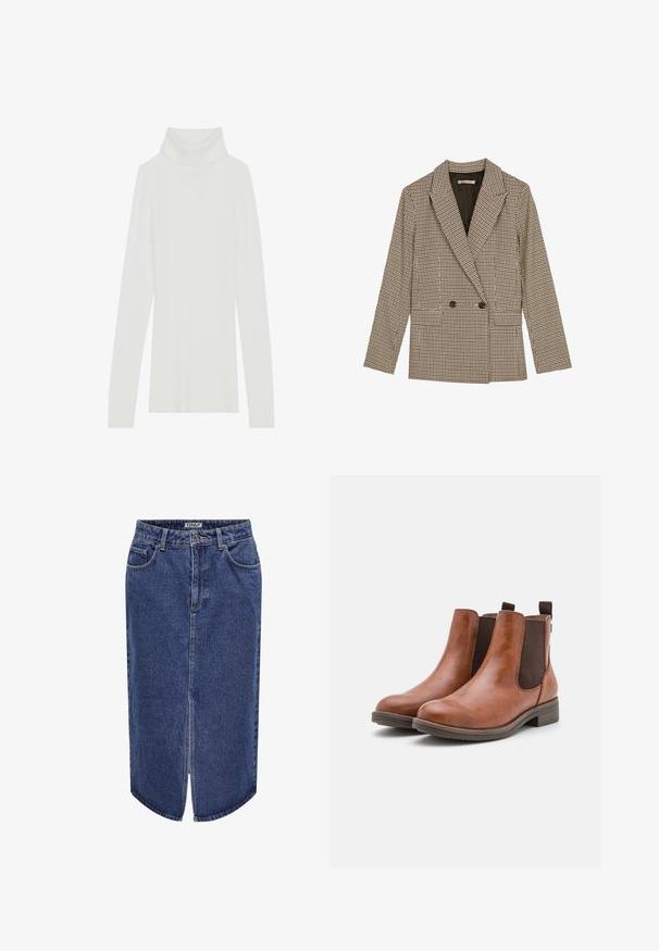 Divpusējais uzvalks brūnā un melnā rūtainā rakstā, ar izteiktām apmalēm, sānu kabatām un viegli teksturētu audumu.; Balta ribota augstās apkakles džemperis ar garām piedurknēm, mīksta tekstūra un pieguļošs dizains bez redzamām aizdares detaļām.; Melnas bezšuvju topiņš, izgatavots no ribota auduma, ar izgriezumu un pieguļošu formu. Gludas šuves un bez rotājumiem. Vienkāršs un elegants dizains.; Denimu svārki ar vidēju garumu, tumši zils tonis, priekšējā izgriezuma un klasiskās piecu kabatu dizains, ar pogu un rāvējslēdzēja aizdari.; Brūni ādas potītes zābaki ar elastīgām sānu daļām, noapaļotu purngalu un zemu koka papēdi. Iespējota cilpas cilpa ērtai uzvilkšanai.