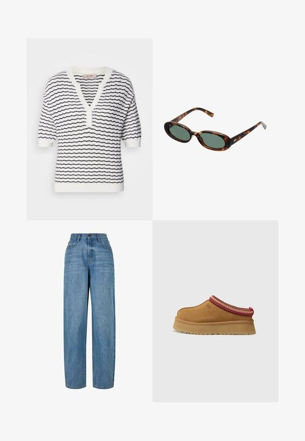 Doppelt komfortabler Blazer im braun-schwarz karierten Muster mit geknöpften Revers, Seitentaschen und einem leicht strukturierten Stoff.; Weißer Kurzarmpullover mit marineblauen horizontalen Streifen, V-Ausschnitt und Knopfverschluss, der ein strukturiertes Strickmuster aufweist.; Hellblaue Jeans aus Denim mit geradem Schnitt, ausgestattet mit einem Knopfverschluss, fünf Taschen und subtilen Ausbleichungen im gesamten Stoff.; Braune Wildleder-Slipper mit rot-creamfarbenem gemusterten Besatz, strukturiertem Absatz und UGG-Logo an der Seite. Verfügt über eine leichte Plattformhöhe.; Schildpatt-Sonnenbrille mit ovalen Rahmen und grünen Gläsern. Verfügt über dünne Bügel mit einem metallischen Akzent in der Nähe der Scharniere.