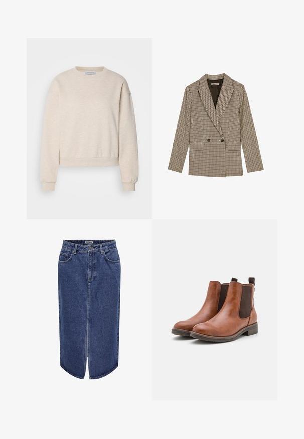 Double-breasted blazer in brown and black checked pattern, featuring notched lapels, side pockets, and a slightly textured fabric.; Light beige sweatshirt made of soft fabric, featuring a crew neckline, dropped shoulder seams, and ribbed cuffs and hem.; Black tank top made of ribbed fabric, featuring a scoop neckline and a fitted shape. Flat seams and no embellishments. Simple and sleek design.; Denim skirt with a mid-length cut, dark blue wash, front slit, and classic five-pocket design, featuring a button and zip closure.; Brown leather ankle boots with elastic side panels, rounded toe, and a low wooden heel. Features a loop tab for easy wear.