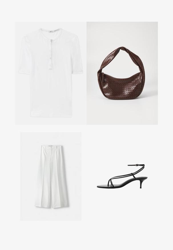 Dvojřadý blazer s hnědo-černým kostkovaným vzorem, vyznačující se klopami, bočními kapsami a mírně texturovanou tkaninou.; Bílá krátká trička s krátkým rukávem z ribového materiálu s kulatým výstřihem a pěticí knoflíků. Měkká textura a volný střih.; Bershka WIDE-LEG TAILORED - Kalhoty - white; Černé sandály na podpatku s štíhlými pásky, minimalistickým designem, špičatou špicí a malým stiletto podpatkem. Hladký kožený povrch.; Hnědá tkaná kožená taška s prohnutou, uzlovou rukojetí a zipovým uzávěrem. Hladký povrch a zaoblený tvar.