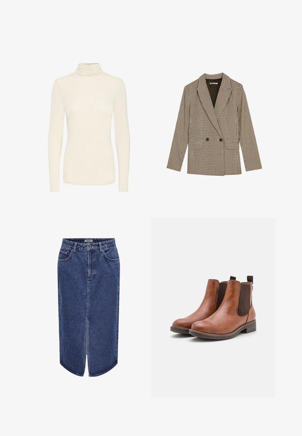 Blazer doppiopetto in tessuto a scacchi marrone e nero, con rever a punta, tasche laterali e un tessuto leggermente texturizzato.; Maglione a collo alto di colore crema con maniche lunghe, dalla vestibilità slim e texture di tessuto liscia, presentato su uno sfondo bianco semplice.; Gonna di denim con taglio a lunghezza media,Lavaggio blu scuro, apertura frontale e design classico a cinque tasche, con chiusura a bottone e zip.; Stivali alla caviglia in pelle marrone con pannelli elasticizzati laterali, punta arrotondata e tacco in legno basso. Presentano un anello sul retro per indossarli facilmente.