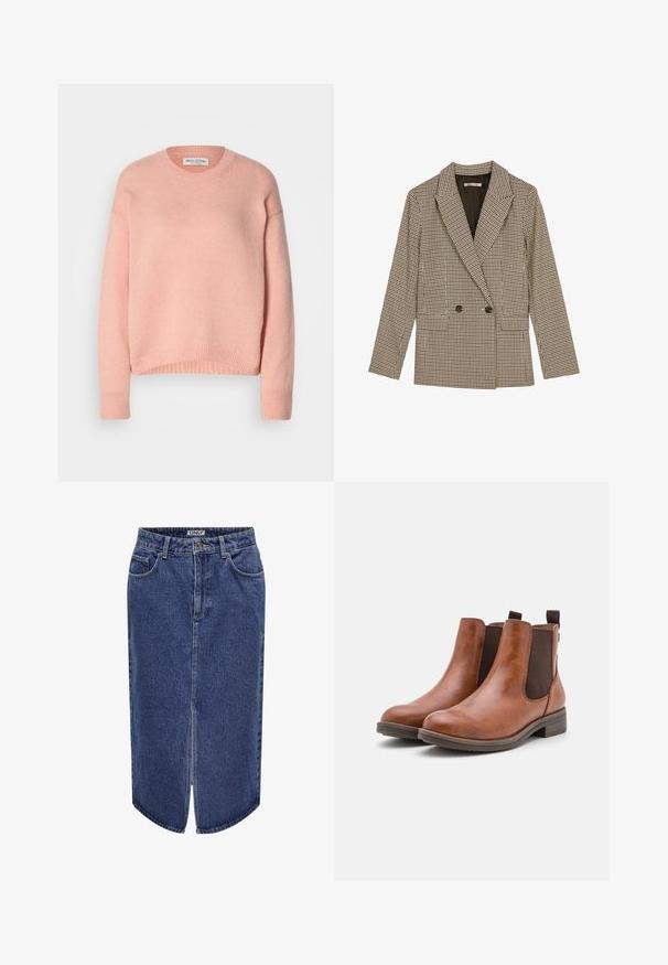 Kettős gombolású blazer barna és fekete kockás mintával, melynek a nyaka jellegzetes, oldalsó zsebei vannak, és enyhén textúrált anyagból készült.; Világos rózsaszínű, kötött pulóver, kerek nyakkivágással, leeresztett vállakkal, ribbelt mandzsettákkal és aljjal. Puha tapintás, laza kialakítás.; Fekete trikó bordázott anyagból, kerek nyakkivágással és testhezálló fazonnal. Lapos varrások és díszítés nélküli. Egyszerű és letisztult dizájn.; Sötétkék mosású, középhosszú denim szoknya, elöl hasítékkal és klasszikus ötpocket dizájnnal, gombos és cipzáras záródással.; Barna bőr bokacsizma rugalmas oldalpanellel, kerek orral és alacsony fából készült sarokkal. Egy hurokfül segíti a könnyű felhúzást.