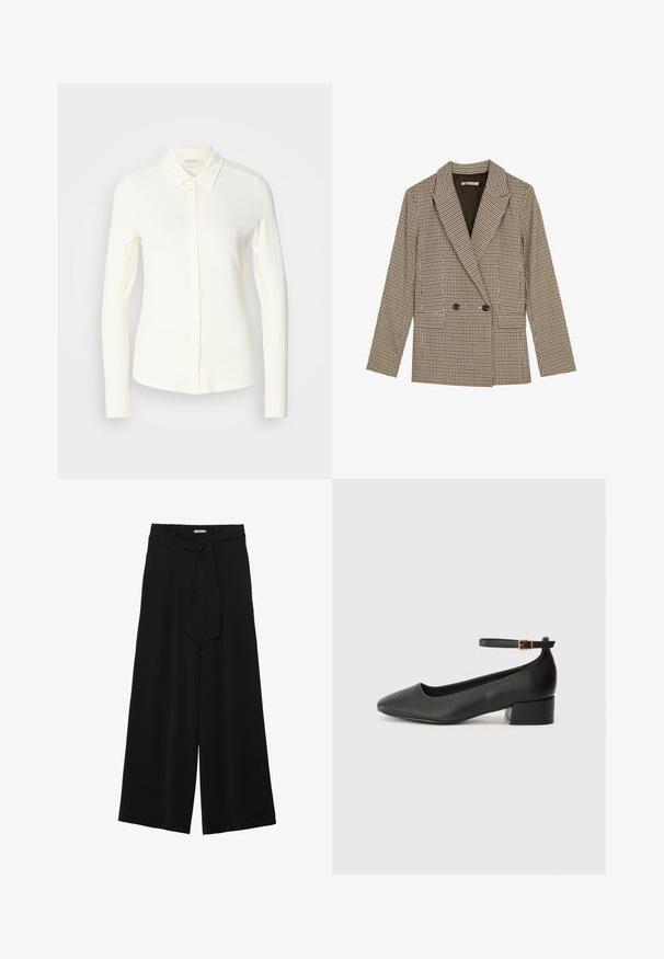 Double-breasted blazer in brown and black checked pattern, featuring notched lapels, side pockets, and a slightly textured fabric.; Long-sleeve, cream-colored button-up shirt made from soft fabric. Features a classic collar and a straight hem with button details.; Black wide-leg pants featuring a textured fabric, an elastic waistband, and a detachable sash tie at the waist for adjustable fit.; Black leather pump with a pointed toe and a low block heel. Features an ankle strap with a gold-tone buckle. Smooth texture.