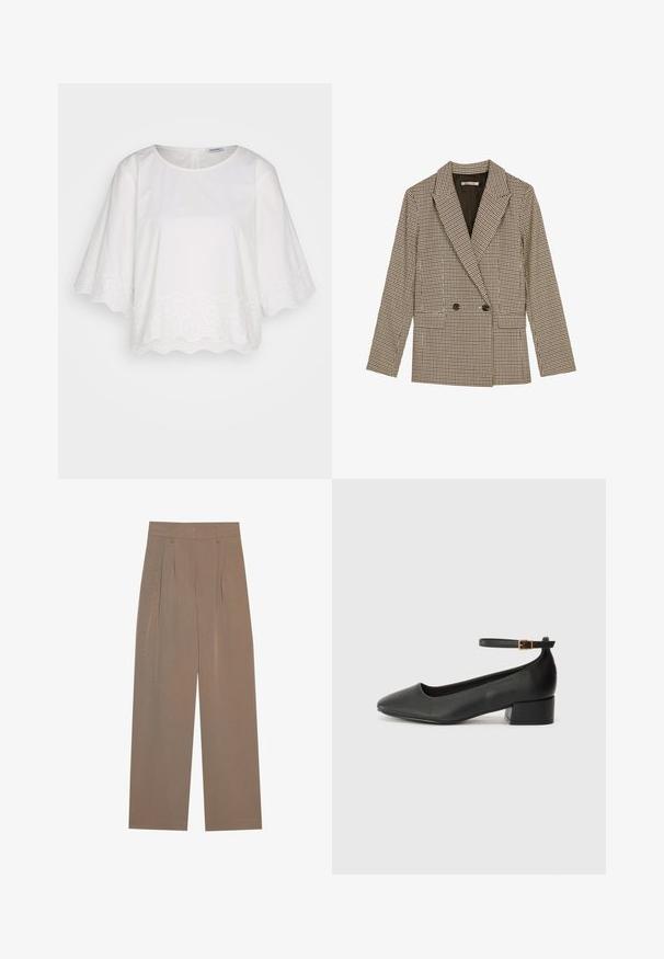 Dobbeltkneppet blazer i brun og svart rutete mønster, med spiss revers, sidelommer og et lett strukturert stoff.; Esprit BLOUSE - Bluse - off white; Brune plis bukser med en vid ben design, med en flad talje og sidelommer, lavet af et letvægtsstof.; Sorte skinnpumper med spiss tå og lav blokkhelt. Har ankelrem med gullfarget spenne. Glatt tekstur.