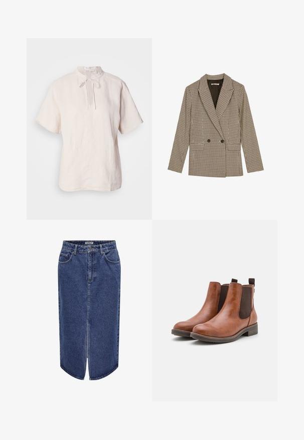Sacou dublu în stil cu un model în carouri maro și negru, având rever cu tăietură, buzunare laterale și un material ușor texturat.; Bluză din in de culoare bej deschis, cu guler rotund și închidere cu legătură, mâneci scurte și tiv drept cu textură subtilă.; Top negru fără mâneci, fabricat dintr-un material ribflat, având un decolteu rotund și o croială ajustată. Cusături plate și fără aplicații. Design simplu și elegant.; Fustă din denim cu lungime medie, spălare albastru închis, cu slit frontal și design clasic cu cinci buzunare, având închidere cu nasture și fermoar.; Botine din piele maro, cu panouri elastice pe laturi, vârf rotund și tocul joasă din lemn. Dispun de o buclă pentru o încălțare ușoară.