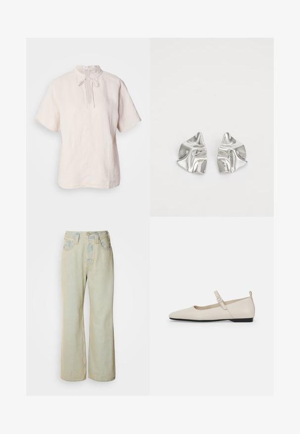 Double-breasted blazer in brown and black checked pattern, featuring notched lapels, side pockets, and a slightly textured fabric.; Linen blouse in light beige, featuring a round collar with a tie closure, short sleeves, and a straight hem with subtle texture.; Light blue wide-leg jeans made of denim, featuring a high waist, five pockets, and subtle fading with contrasting stitching accents.; White leather Mary Jane flats with a pointed toe, side buckle, and low black heel. Smooth texture and minimalistic design.; Silver metal earrings with a wavy, sculptural design featuring a polished finish and irregular shapes, highlighting a contemporary aesthetic.