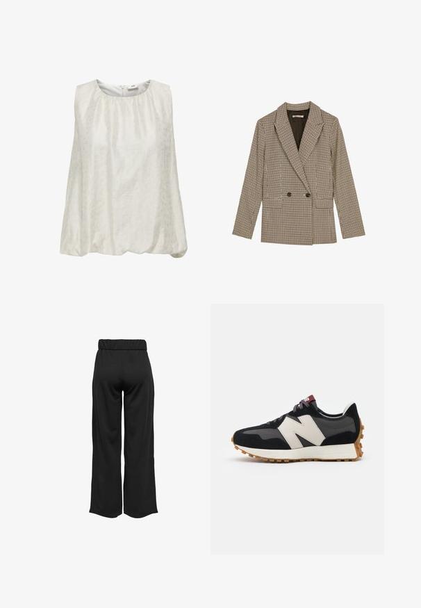 Divpusējais uzvalks brūnā un melnā rūtainā rakstā, ar izteiktām apmalēm, sānu kabatām un viegli teksturētu audumu.; Bez piedurknēm, balts tops ar niansētu tekstūru, ar noapaļotu kaklu un savilktu jostasvietu, nodrošinot brīvu piegriezumu.; Melnas, platas bikses ar elastīgu jostu, izgatavotas no gludas auduma. Iespējamā tīra dizaina ar bez kabatām un redzamām šuvēm.; Melnas un pelēkas zamšādas sporta kurpes ar lielu krēmkrāsas "N" logotipu, purpura šņorēm un strukturētu gumijas zoli.