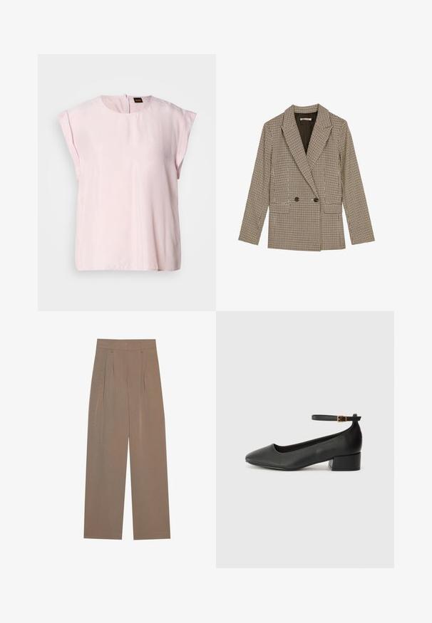 Blazer doppiopetto in tessuto a scacchi marrone e nero, con rever a punta, tasche laterali e un tessuto leggermente texturizzato.; Top rosa a maniche corte con scollo rotondo e una leggera lucentezza. Presenta una chiusura con zip sul retro e una vestibilità rilassata. Texture liscia.; Pantaloni marroni a pieghe con design a gamba larga, dotati di vita piatta e tasche laterali, realizzati in un tessuto leggero.; Pump in pelle nera con punta affusolata e tacco basso a blocco. Presenta una cinghia alla caviglia con una fibbia in tonalità oro. Texture liscia.