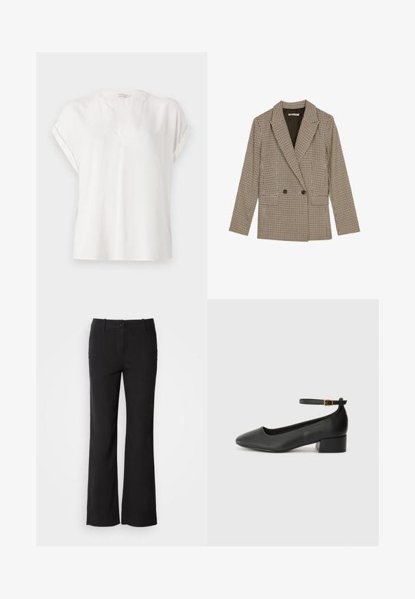 Double-breasted blazer in brown and black checked pattern, featuring notched lapels, side pockets, and a slightly textured fabric.; White short-sleeve blouse made from a smooth fabric with a V-neckline, featuring rolled sleeves and a relaxed fit. Minimalist design.; Black cotton blend trousers with a straight-leg design, front button closure, and two side pockets. Smooth texture, no visible patterns.; Black leather pump with a pointed toe and a low block heel. Features an ankle strap with a gold-tone buckle. Smooth texture.