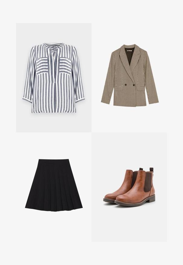Double-breasted blazer in brown and black checked pattern, featuring notched lapels, side pockets, and a slightly textured fabric.; Linen shirt with blue and white vertical stripes, featuring a rounded neckline, three-quarter sleeves, and two front pockets.; Black pleated skirt made of textured fabric with a fitted waistband. Falls to knee length, featuring a smooth, clean silhouette.; Brown leather ankle boots with elastic side panels, rounded toe, and a low wooden heel. Features a loop tab for easy wear.
