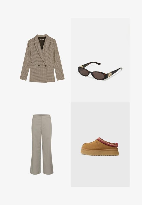 Dobbeltknappet blazer i brun og sort ternet mønster, med klapkrave, sidelommer og et let struktureret stof.; Langærmet turtleneck top i en lys beige farve. Lavet af blødt, strækbart stof med en afslappet pasform og en ombukket udskæring.; Beige beskåret bukser med lige ben design, lavet af et glat stof. Har en frontlomme og en ren taljeafslutning.; Brune ruskinds slip-on sko med røde og cremefarvede mønstrede kanter, tekstureret sål og UGG-logo på siden. Har en let platformhøjde.; Skildpaddemønster solbriller med aflange ovale linser, brun farve, guldlogo accenter på stængerne og slanke sorte arme.