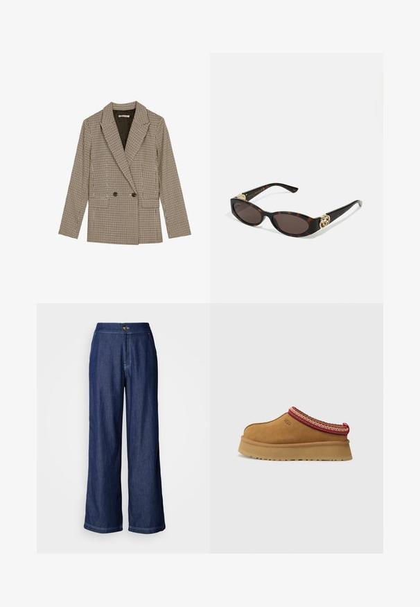 Kaksirivinen jakku ruskeassa ja mustassa ruudullisessa kuosissa, jossa on viistetyt läpät, sivutaskut ja hieman teksturoitu kangas.; Pitkähihaisen korkeakauluksisen paidan väri on vaaleabeige. Valmistettu pehmeästä ja joustavasta kankaasta, jossa on rento istuvuus ja käännettävä kaulus.; Lefkyliset farkut tummansinisenä, jossa on napillinen vyötärökiristys, kontrastiväriset ompeleet ja sileä pinta. Muotoiltu rentoon istuvuuteen.; Ruskosuede-lenkkari, jossa on punavalkoinen kuvioitu reunus, teksturoidun pohjan ja UGG-logo sivussa. Sisältää kevyen korotuksen.; Silmärilakkiset tortoiseshell-aurinkolasit, joissa on pitkänomaiset ovaalit linssit, ruskea sävy, kultaiset logo-koristeet temppeleissä ja sulavalinjaiset mustat varret.