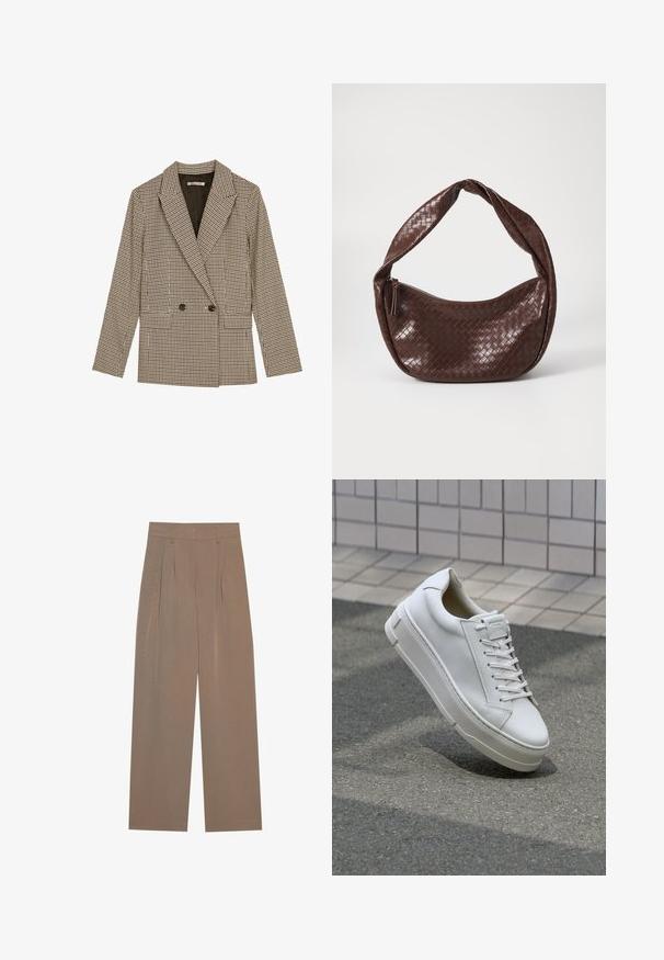 Double-breasted blazer in brown and black checked pattern, featuring notched lapels, side pockets, and a slightly textured fabric.; White sleeveless tank top with a square neckline, smooth texture, and a form-fitting design. Made from lightweight fabric.; Brown pleated trousers with a wide-leg design, featuring a flat waistband and side pockets, made from a lightweight fabric.; White leather sneaker with a low-top design, flat laces, rounded toe, and textured sides. Thick rubber sole with subtle accents.; Brown woven leather handbag with a curved, knotted handle and a zippered closure. Smooth texture and rounded shape.