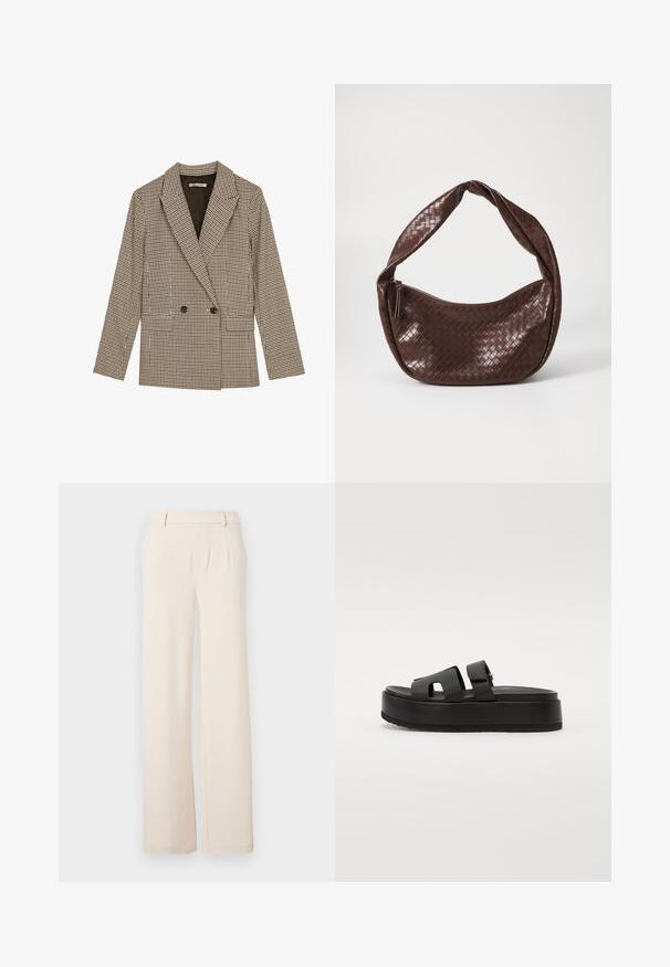 Double-breasted blazer in brown and black checked pattern, featuring notched lapels, side pockets, and a slightly textured fabric.; White sleeveless tank top with a square neckline, smooth texture, and a form-fitting design. Made from lightweight fabric.; Light beige wide-leg trousers with front pleats, a smooth texture, and side pockets. Made from a soft fabric with a tailored design.; Black platform sandals with two wide straps, made of smooth material. Features a chunky sole with a textured bottom for grip.; Brown woven leather handbag with a curved, knotted handle and a zippered closure. Smooth texture and rounded shape.