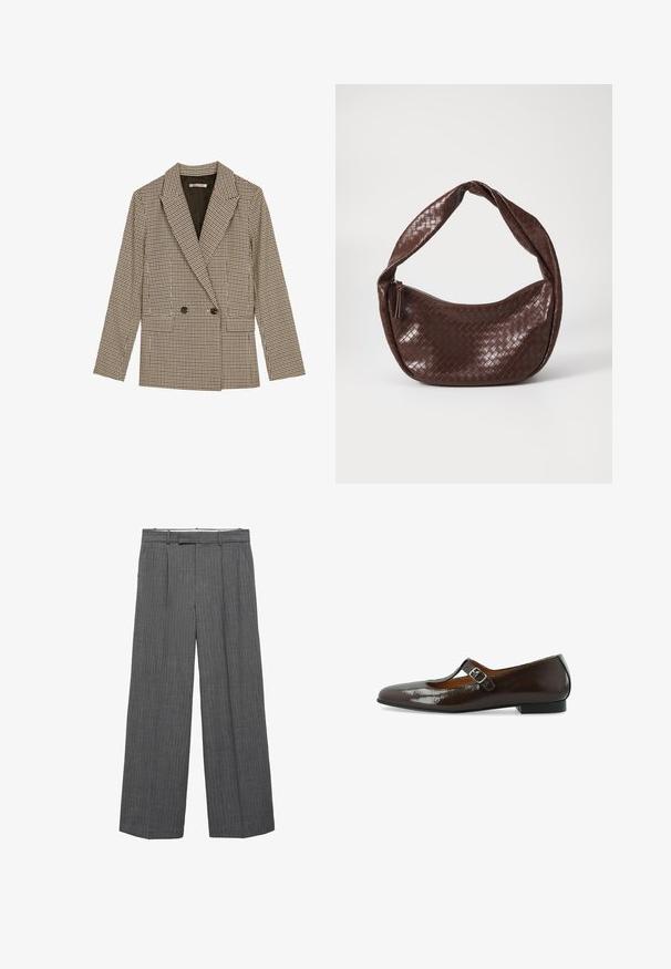 Doppelt komfortabler Blazer im braun-schwarz karierten Muster mit geknöpften Revers, Seitentaschen und einem leicht strukturierten Stoff.; Weißes ärmelloses Tanktop mit quadratischem Ausschnitt, glatter Textur und figurnahen Schnitt. Hergestellt aus leichtem Material.; Mango Stoffhose - grey; Braune lackierte Mary Jane Ballerinaschuh mit runder Zehenpartie, Schnallenriemen und niedrigem Absatz, der eine glatte, glänzende Textur aufweist.; Braune geflochtene Lederhandtasche mit einem geschwungenen, geknoteten Griff und einem Reißverschluss. Glatte Textur und runde Form.