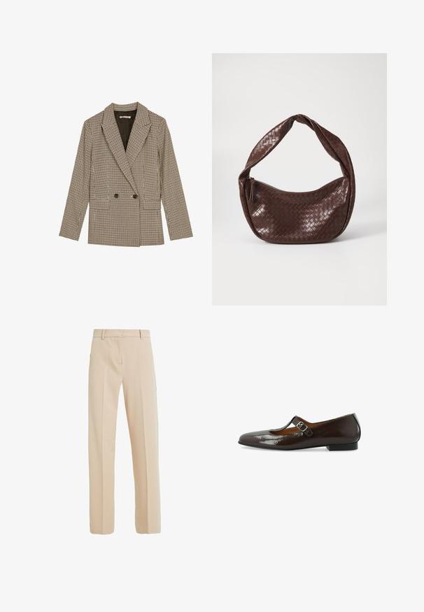Double-breasted blazer in brown and black checked pattern, featuring notched lapels, side pockets, and a slightly textured fabric.; White sleeveless tank top with a square neckline, smooth texture, and a form-fitting design. Made from lightweight fabric.; Beige tailored trousers made of smooth fabric, featuring a straight-leg cut, side pockets, and crease detailing down the front.; Brown patent leather Mary Jane flat shoe with a rounded toe, buckle strap, and low heel, featuring a smooth, glossy texture.; Brown woven leather handbag with a curved, knotted handle and a zippered closure. Smooth texture and rounded shape.