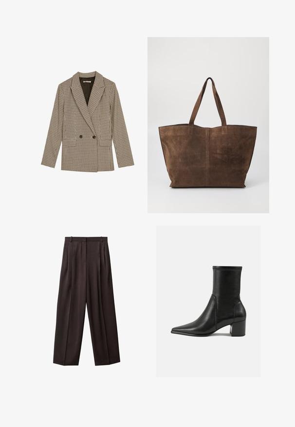 Dvojřadý blazer s hnědo-černým kostkovaným vzorem, vyznačující se klopami, bočními kapsami a mírně texturovanou tkaninou.; Bílé bezrukávové tílko se čtvercovým výstřihem, hladkou texturou a přiléhavým střihem. Vyrobeno z lehkého materiálu.; Široké kalhoty z tmavě hnědé tkaniny. Mezi vlastnostmi naleznete záhyby v přední části, pas se sponami na opasek a boční kapsy. Hladká textura.; Černé kožené kotníkové boty s hladkým povrchem, špičatou špičkou, blokovým podpatkem a výrazným vyvýšeným šitím na horním okraji.; Hnědá semišová taška přes rameno se dvěma pevnými uchy, širokým otevřeným vrškem a minimálními detaily šití, vyznačující se měkkou texturou a prostorným interiérem.