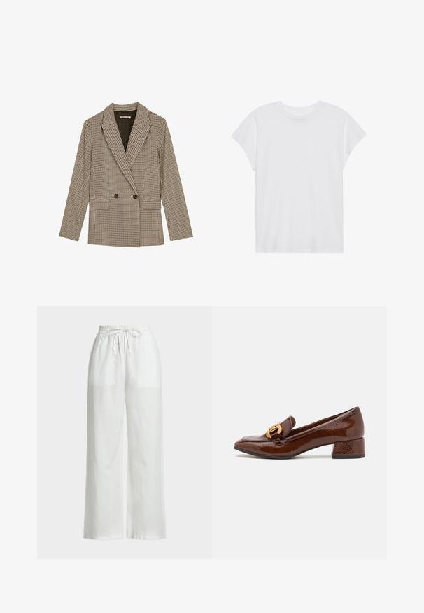 Dubbelknäppt kavaj i brunt och svart rutmönster, med slagkrage, sidofickor och ett lätt strukturerat tyg.; Vit kortärmad t-shirt med rund halsringning, avslappnad passform, tillverkad av mjukt bomullstyg. Slät textur, inga mönster eller logotyper.; Vita vida byxor i linne med elastisk midja och dragsko. Har en slät textur och minimal design.; Bruna läderloafers med en glänsande yta, försedd med en dekorativ guldkoppling på framsidan och en låg blockklack. Klassisk design.