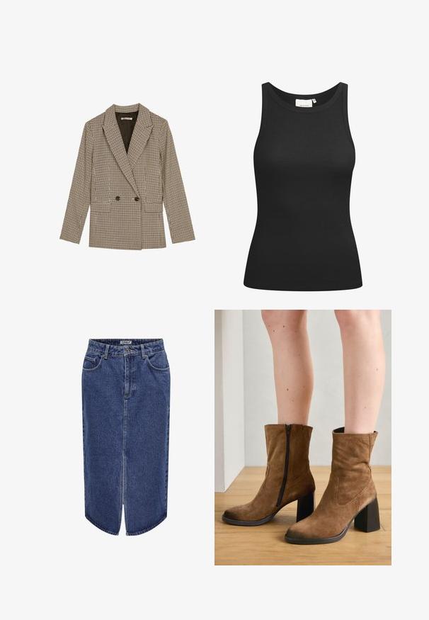 Dobbeltknappet blazer i brun og sort ternet mønster, med klapkrave, sidelommer og et let struktureret stof.; Sort tanktop lavet af ribbet materiale, med en scooped halsudskæring og en tætsiddende form. Flade sømme og ingen udsmykninger. Enkel og strømlinet design.; Denimnederdel med mid-length snit, mørkeblå vask, forkantsslids og klassisk fem-lomme design, med knap- og lynlås lukning.; Brune ruskind ankelstøvler med lynlås lukning, firkantede hæle og en glat overflade, med enkel syning langs siderne.