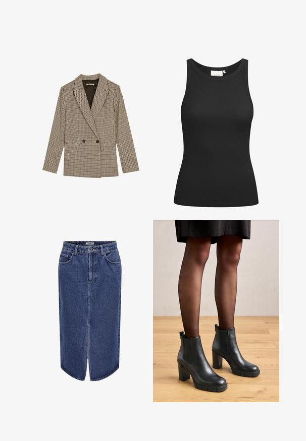 Sacou dublu în stil cu un model în carouri maro și negru, având rever cu tăietură, buzunare laterale și un material ușor texturat.; Top negru fără mâneci, fabricat dintr-un material ribflat, având un decolteu rotund și o croială ajustată. Cusături plate și fără aplicații. Design simplu și elegant.; Fustă din denim cu lungime medie, spălare albastru închis, cu slit frontal și design clasic cu cinci buzunare, având închidere cu nasture și fermoar.; Botine negre din piele, cu un finisaj neted, toc bloc, talpă groasă din cauciuc și panouri laterale elastice. Așezate pe o podea din lemn.