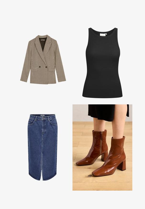 Dobbeltkneppet blazer i brun og svart rutete mønster, med spiss revers, sidelommer og et lett strukturert stoff.; Svarte toppen laget av ribbestrikket stoff, med en scoop-hals og figurnær passform. Flate sømmer og ingen utsmykninger. Enkel og stilren design.; Jeanskjørt med middels lengde, mørkeblå vask, frontslitt og klassisk fem-lommers design, med knapp- og glidelås lukking.; Brune lærstøvler ankelhøjde med en blank overflade, firkantet tå, blokhæl og lynlåsdetailler i siden, sat mod et lys trægulv.