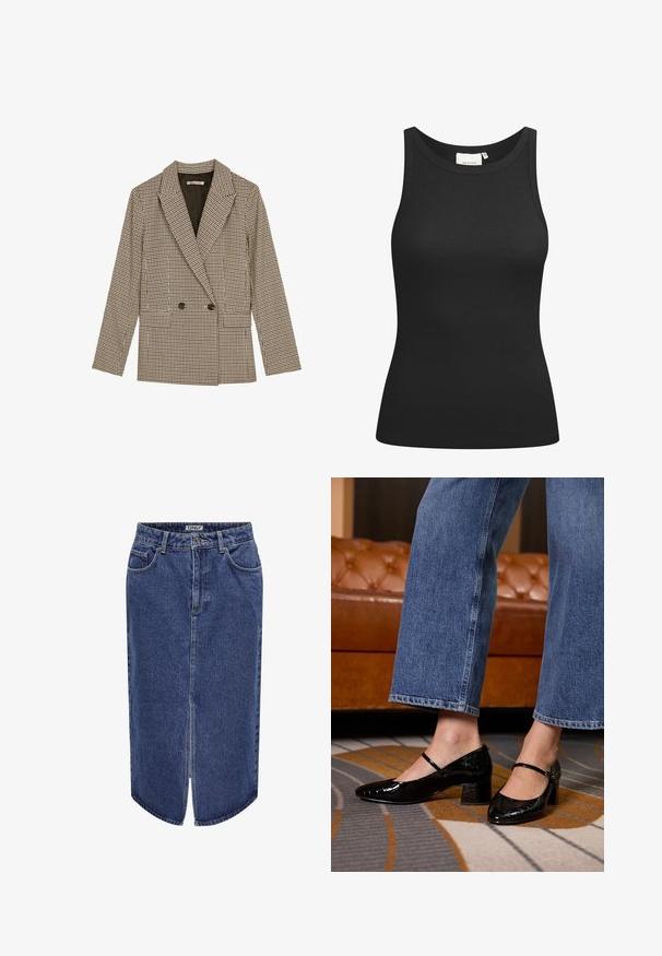 Prindi kahe nööbiga bleiser pruunide ja mustade ruuduline mustriga, millel on lõigatud krae, küljetaskud ja veidi tekstuuriga riie.; Must must have a ribatekstidist valmistatud must t-särk, millel on ümar kaelus ja sobiv kuju. Lamedad õmblused ja ilma kaunistusteta. Lihtne ja elegantne disain.; Keskmise pikkusega teksaseelik, tume sinine pesu, esiosa lõhiku ja klassikalise viie taskuga disain, millel on nööbi ja lukuga sulgemine.; Musta lakknahk kingad terava ninaga, plokknina ja pahkluuri rihmaga, kantud laiariba teksadega mustrilisel vaibal.