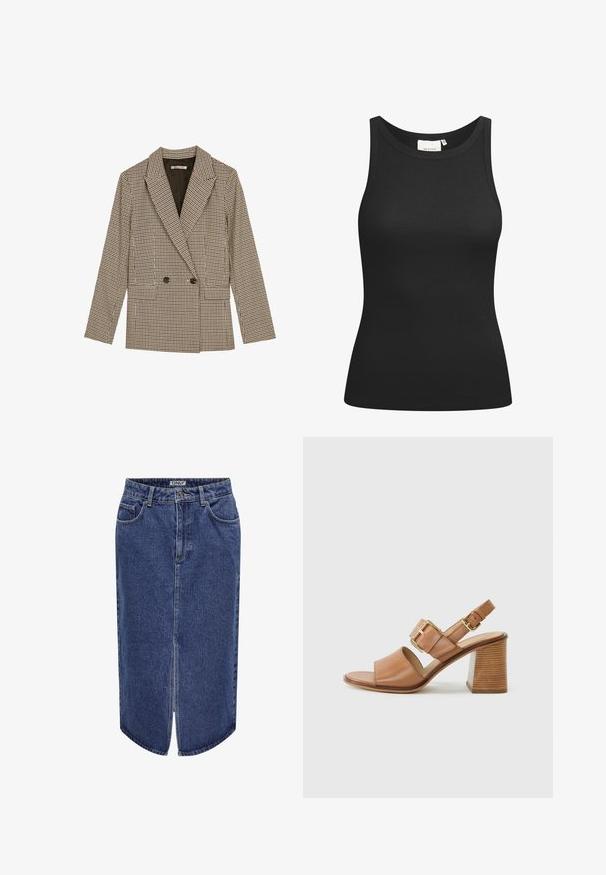 Dubbelzijdig blazer in een bruin en zwart geruit patroon, met gesneden revers, zijzakken en een licht gestructureerde stof.; Zwarte tanktop van ribstof, met een ronde hals en een aansluitende pasvorm. Platte naden en zonder versieringen. Eenvoudig en strak ontwerp.; Denimrok met een middelange lengte, donkerblauwe wassing, een voorknipsluiting en een klassieke vijf-pocketontwerp, met een knoop- en ritsluiting.; Bruine leren heeled sandalen met een brede voorkantband, een verstelbare enkelband met een gouden gesp en een textured blokhak.