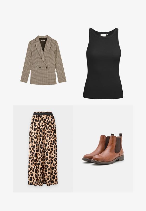 Dobbeltknappet blazer i brun og sort ternet mønster, med klapkrave, sidelommer og et let struktureret stof.; Sort tanktop lavet af ribbet materiale, med en scooped halsudskæring og en tætsiddende form. Flade sømme og ingen udsmykninger. Enkel og strømlinet design.; Maxi-nederdel med leopardmønster og sort elastisk talje, der har et glat, flydende stof og en flagrende silhuet.; Brune læder ankelstøvler med elastiske sidepaneler, rund tå og en lav træhæl. Har en løkke til nem påtagning.