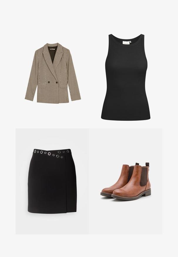 Kaksirivinen jakku ruskeassa ja mustassa ruudullisessa kuosissa, jossa on viistetyt läpät, sivutaskut ja hieman teksturoitu kangas.; Musta hihaton paita ribbikankaasta, jossa on pyöreä kaula-aukko ja istuva muoto. Tasasaumat ja ei koristeita. Yksinkertainen ja tyylikäs muotoilu.; Morgan JILLY - Kietaisuhame - noir; Ruske nahke čevlje do gležnjev z elastičnimi stranskimi paneli, zaobljenim nosom in nizkim lesenim peto. Ima zanko za enostavno obuvanje.