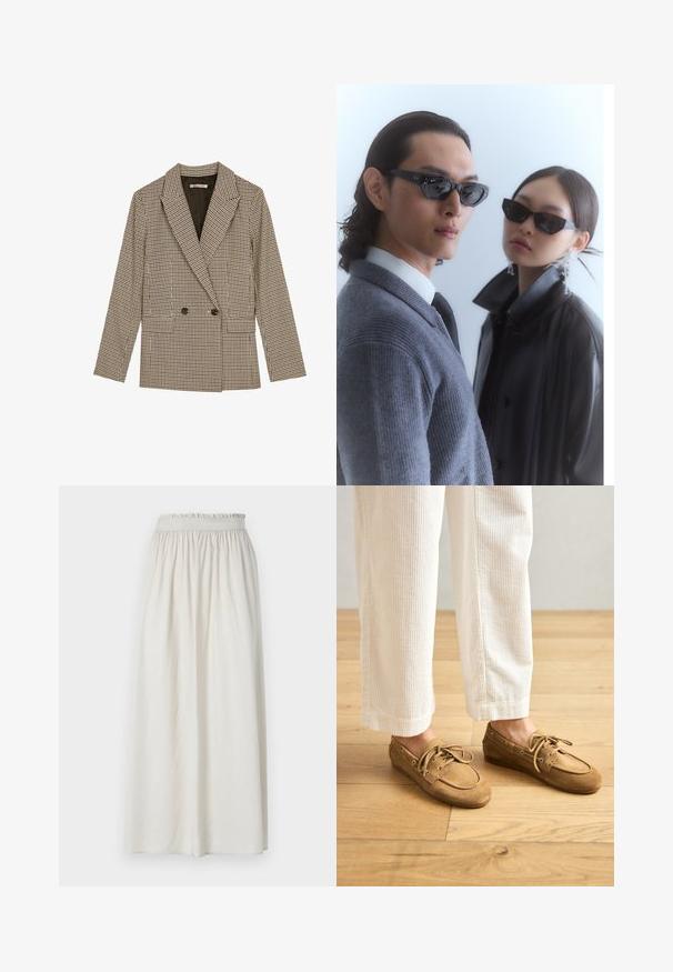 Dobbeltknappet blazer i brun og sort ternet mønster, med klapkrave, sidelommer og et let struktureret stof.; Sort tanktop lavet af ribbet materiale, med en scooped halsudskæring og en tætsiddende form. Flade sømme og ingen udsmykninger. Enkel og strømlinet design.; Lys beige, knælang nederdel lavet af blødt stof med elastisk talje og plisseret design for en afslappet pasform.; Brune ruskinds bådsko med snørebånd, der har en rund tå og syede detaljer. Båret med hvide kordfløjl-bukser i en træagtig indstilling.; Solbriller med angulære sorte stel på en model iført en grå sweater, der viser struktureret strik og en sort læderjakke båret af en anden model.