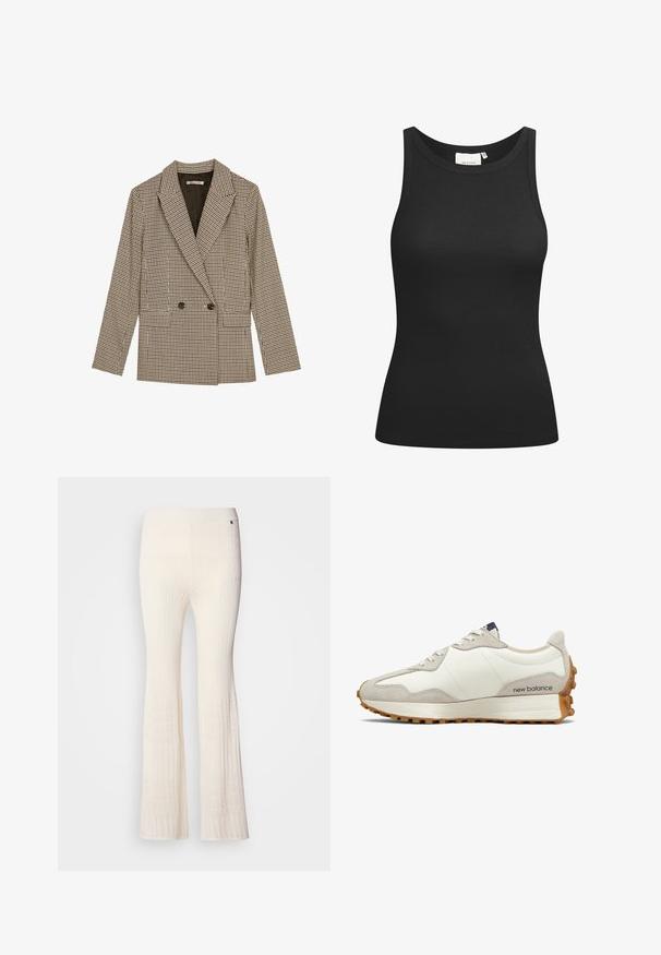 Double-breasted blazer in brown and black checked pattern, featuring notched lapels, side pockets, and a slightly textured fabric.; Black tank top made of ribbed fabric, featuring a scoop neckline and a fitted shape. Flat seams and no embellishments. Simple and sleek design.; Ribbed, cream-colored knit pants with flared legs and a textured lace pattern at the lower hem. Soft material with a fitted waistband.; White and beige sneaker with a smooth leather upper and suede accents. Features round laces, a cushioned sole, and a textured rubber outsole.