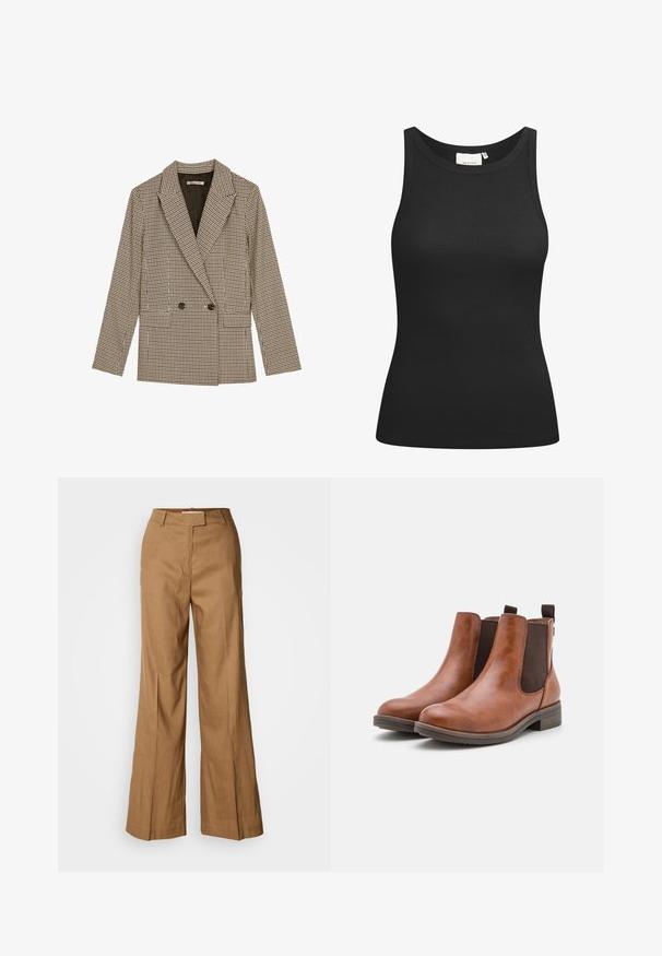 Dobbeltkneppet blazer i brun og svart rutete mønster, med spiss revers, sidelommer og et lett strukturert stoff.; Svarte toppen laget av ribbestrikket stoff, med en scoop-hals og figurnær passform. Flate sømmer og ingen utsmykninger. Enkel og stilren design.; Brune vide benbukser laget av lett materiale. Har flat front, beltehemper og en skreddersydd silhuett med ankel-lengde.; Brune lær ankle boots med elastiske sidepaneler, rund tå og lav træhæl. Har en løkke til nem påtagning.